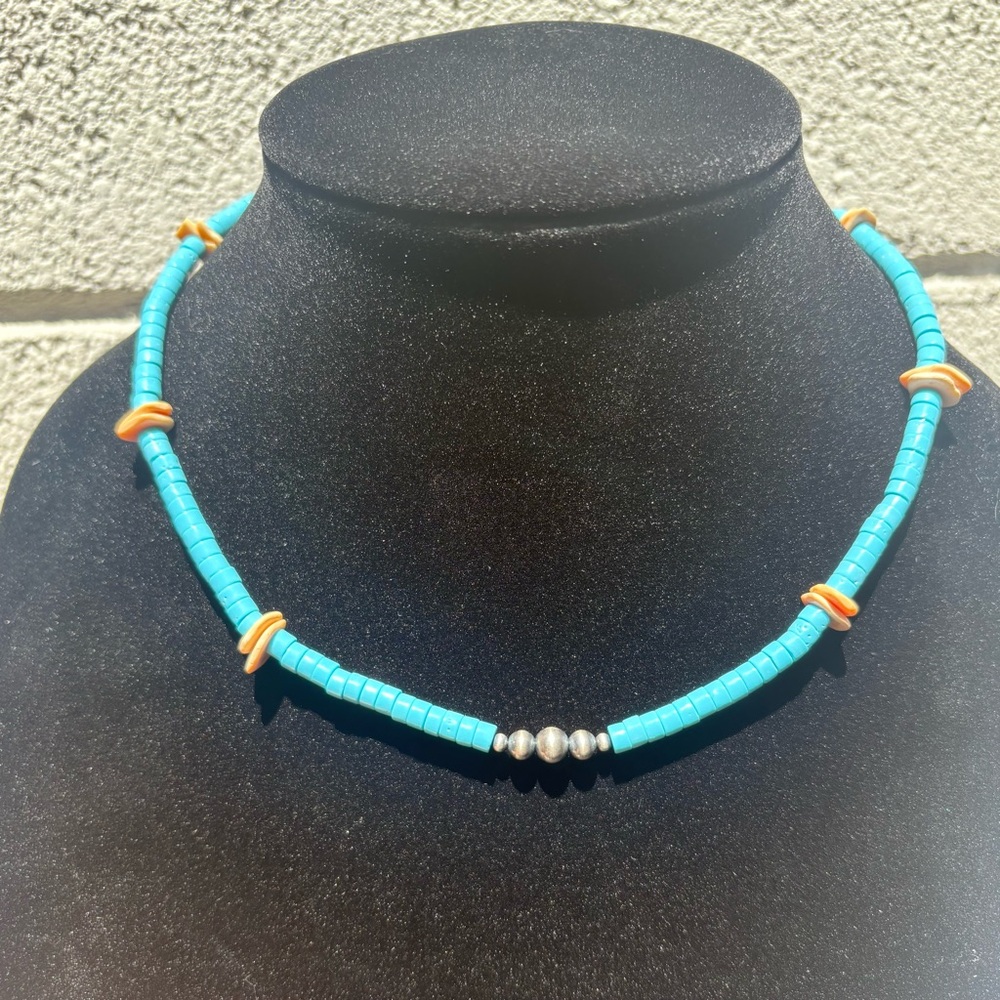Block Turquoise, peach shell and Navajo Pearls necklace.